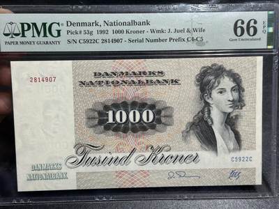 《外钞收藏家》第五百九十六期（精品大拍场）（本平台长期征集拍品、欢迎藏友们联系合作） - 丹麦绘画版1992年1000克朗PMG66（经典名画 大松鼠）