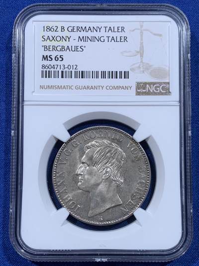 《竞宝斋》第450场 周日，周一，周二  3场连拍 （全场包邮，欢迎送拍） - 唯一冠军分 NGC MS65 德国 1862年 萨克森王国 约翰一世 泰勒银币  14.5万的发行量 这个状态确实不可错过