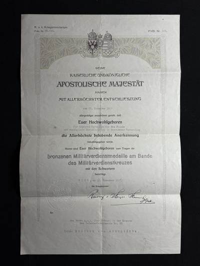 欢庆元旦！戎马世界章牌大赏第109期元旦大拍 - 奥匈帝国铜级军事功绩奖章（带剑饰）证书，授予预备役上尉 佐尔坦·雷迪格·冯·阿布鲁德巴尼亚