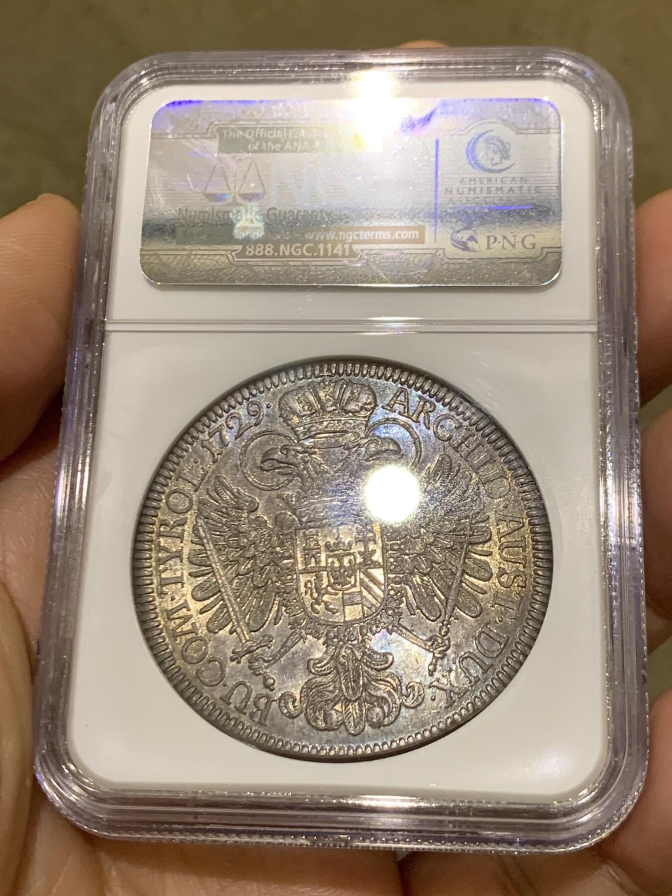 《竞宝斋》第450场 周日，周一，周二  3场连拍 （全场包邮，欢迎送拍） 冠军分 NGC MS63 神圣罗马帝国奥地利1729年 卡尔六世1泰勒大银币 光度细节都很不错