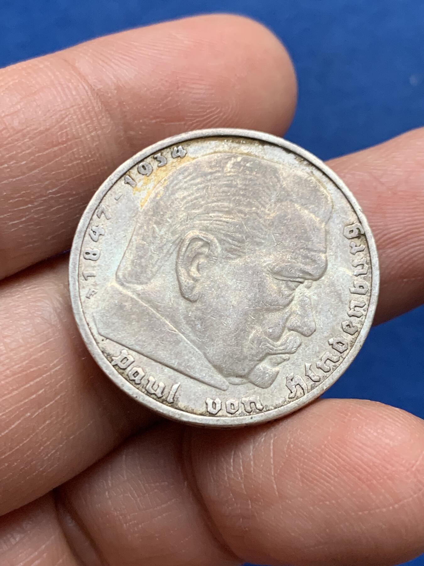 《竞宝斋》第450场 周日，周一，周二  3场连拍 （全场包邮，欢迎送拍） 德国 1935年 兴登堡 F版 5马克 银币