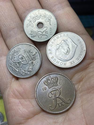 2025年第一百四十二场(总第一百六十八场）高品质英国一线回流散币年末特拍场第二场(免佣金) 丹麦🇩🇰4枚：1967年25欧尔，1950年25欧尔，1969年5欧尔，1963年1克朗