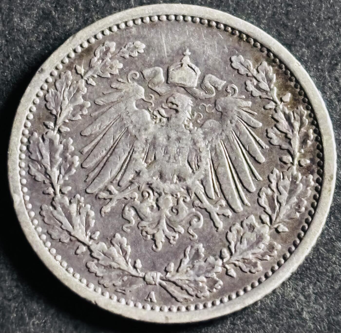 文馨钱币收藏第 286 场，圣诞节专场【 长期接收代拍品低至 0 佣金】 好品 1905 年德意志帝国 1/2 马克银币 A 厂 900 高银，首发版，柏林造