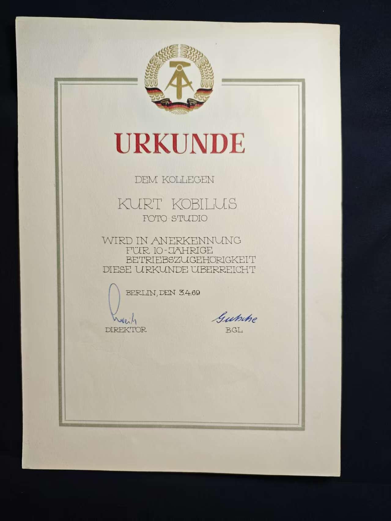 罗岚⭐爱藏⭐甄选专拍第二场-分享拍场赚佣（实体店在建中···） 民主德国工龄十周年国家工会表彰证书 —— 授予库尔特·科林