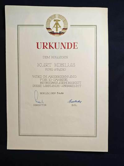 罗岚⭐爱藏⭐甄选专拍第二场-分享拍场赚佣（实体店在建中···） - 民主德国工龄十周年国家工会表彰证书 —— 授予库尔特·科林