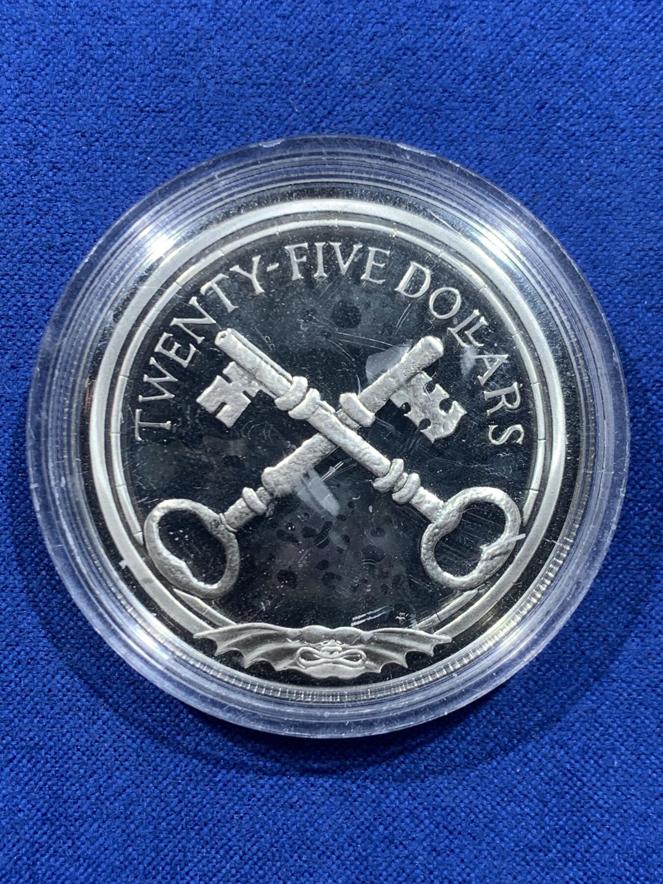 《竞宝斋》第450场 周日，周一，周二  3场连拍 （全场包邮，欢迎送拍） 英属维尔京群岛1988年加勒比沉船珍宝-钥匙25美元银币 925银 21.6克