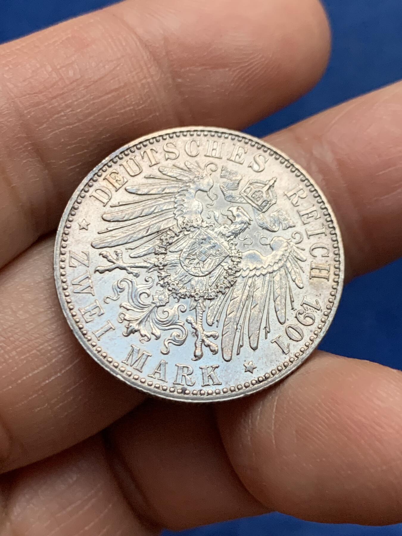 《竞宝斋》第450场 周日，周一，周二  3场连拍 （全场包邮，欢迎送拍） 德国1901年普鲁士王国建国200周年2马克纪念银币