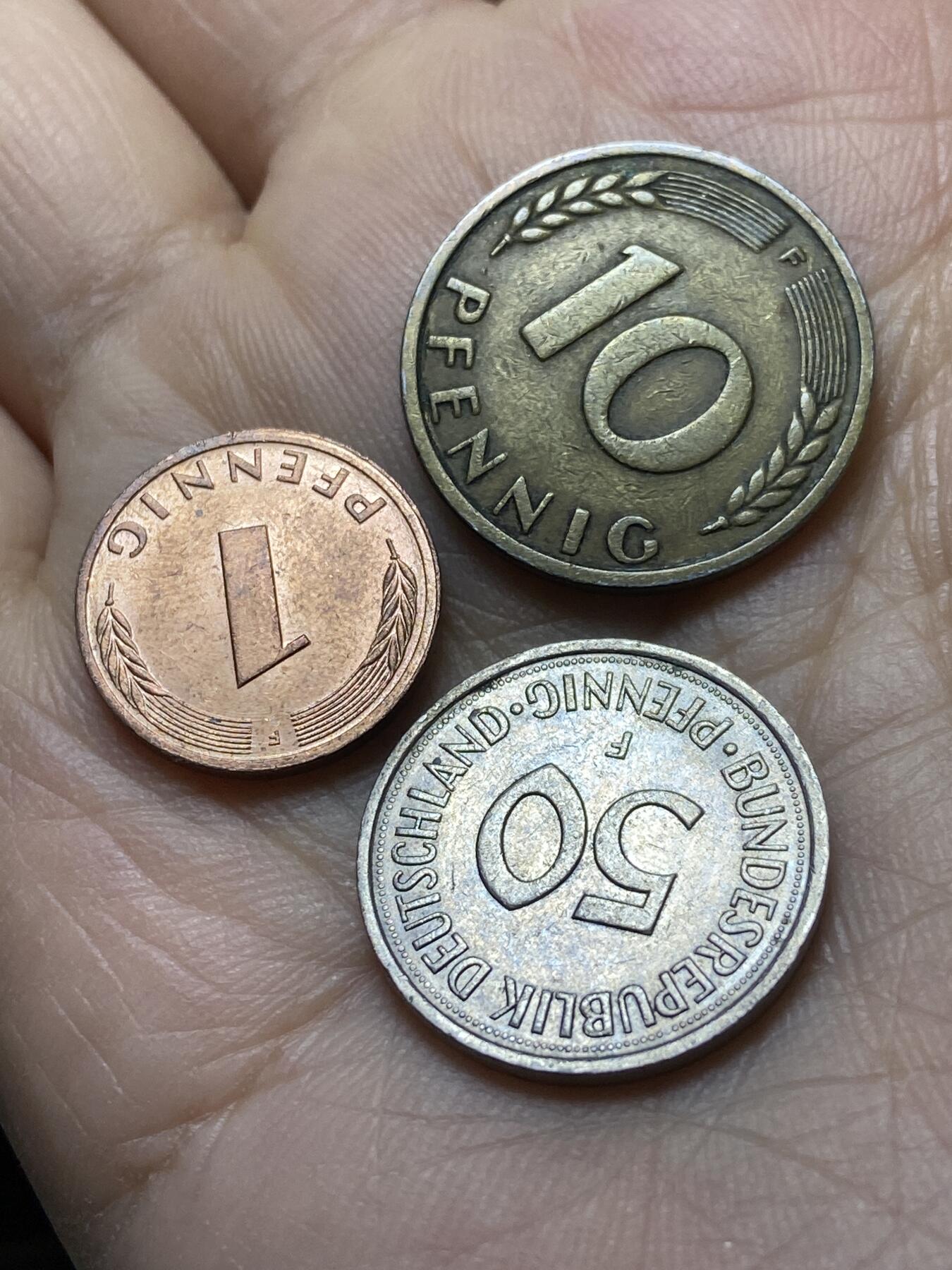 2025年第一百四十五场(总第一百七十一场）高品质英国一线回流散币年末特拍场第二场(免佣金) 德国🇩🇪F标斯图加特厂3枚：1974年50芬尼，1979年1芬尼，1950年10芬尼