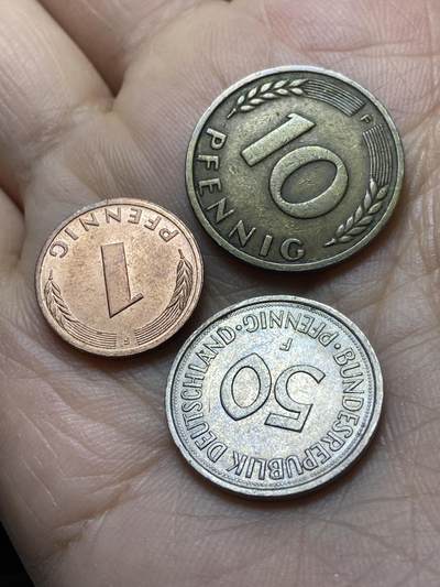 2025年第一百四十五场(总第一百七十一场）高品质英国一线回流散币年末特拍场第二场(免佣金) - 德国🇩🇪F标斯图加特厂3枚：1974年50芬尼，1979年1芬尼，1950年10芬尼