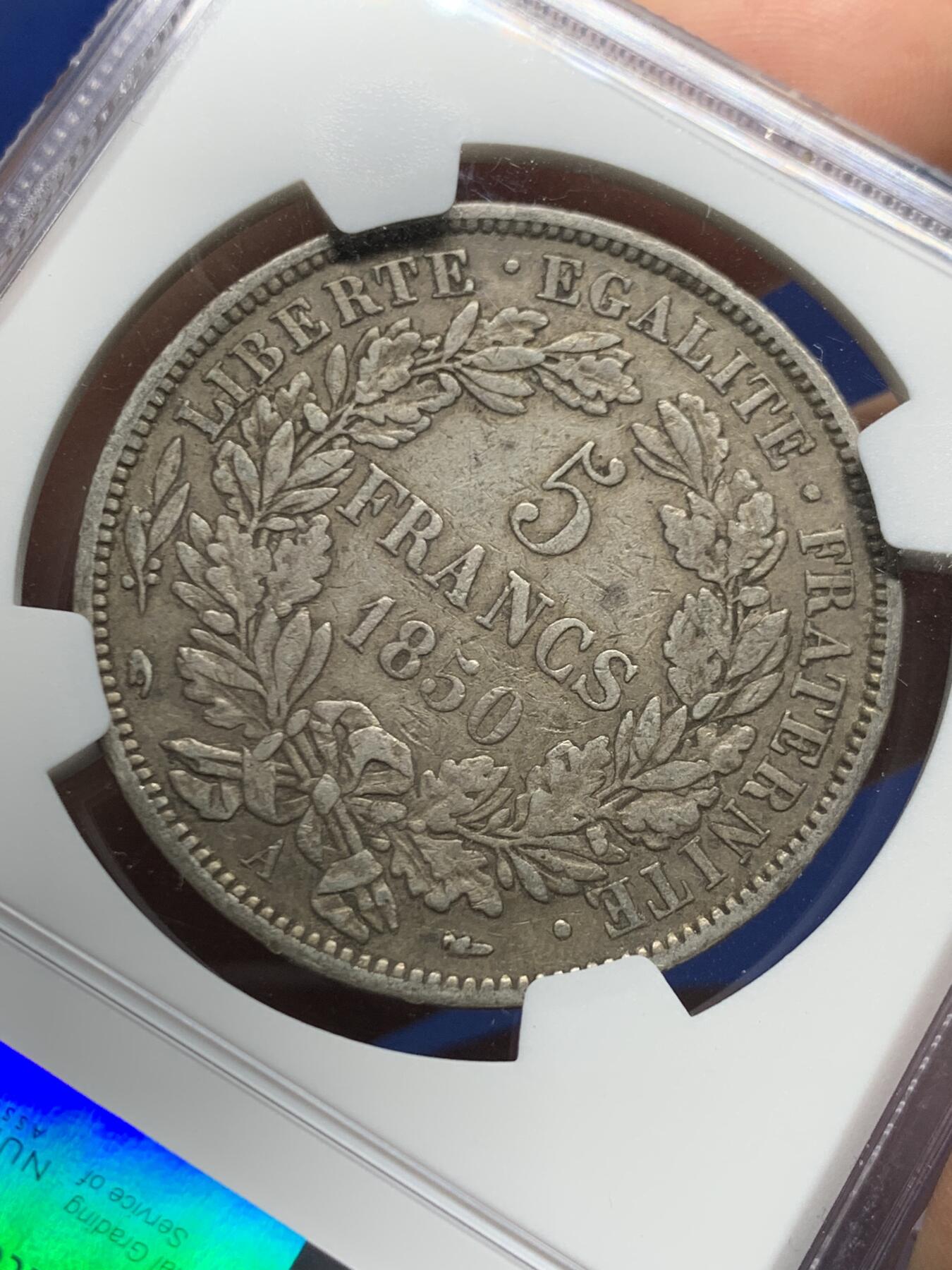 《竞宝斋》第450场 周日，周一，周二  3场连拍 （全场包邮，欢迎送拍） NGC XF40 法国1850年谷物女神5法郎银币