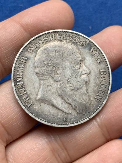 《竞宝斋》第450场 周日，周一，周二  3场连拍 （全场包邮，欢迎送拍） - 德国1903年巴登5马克银币，正面大公弗里德里希一世侧像。原味包浆，边铭深打。