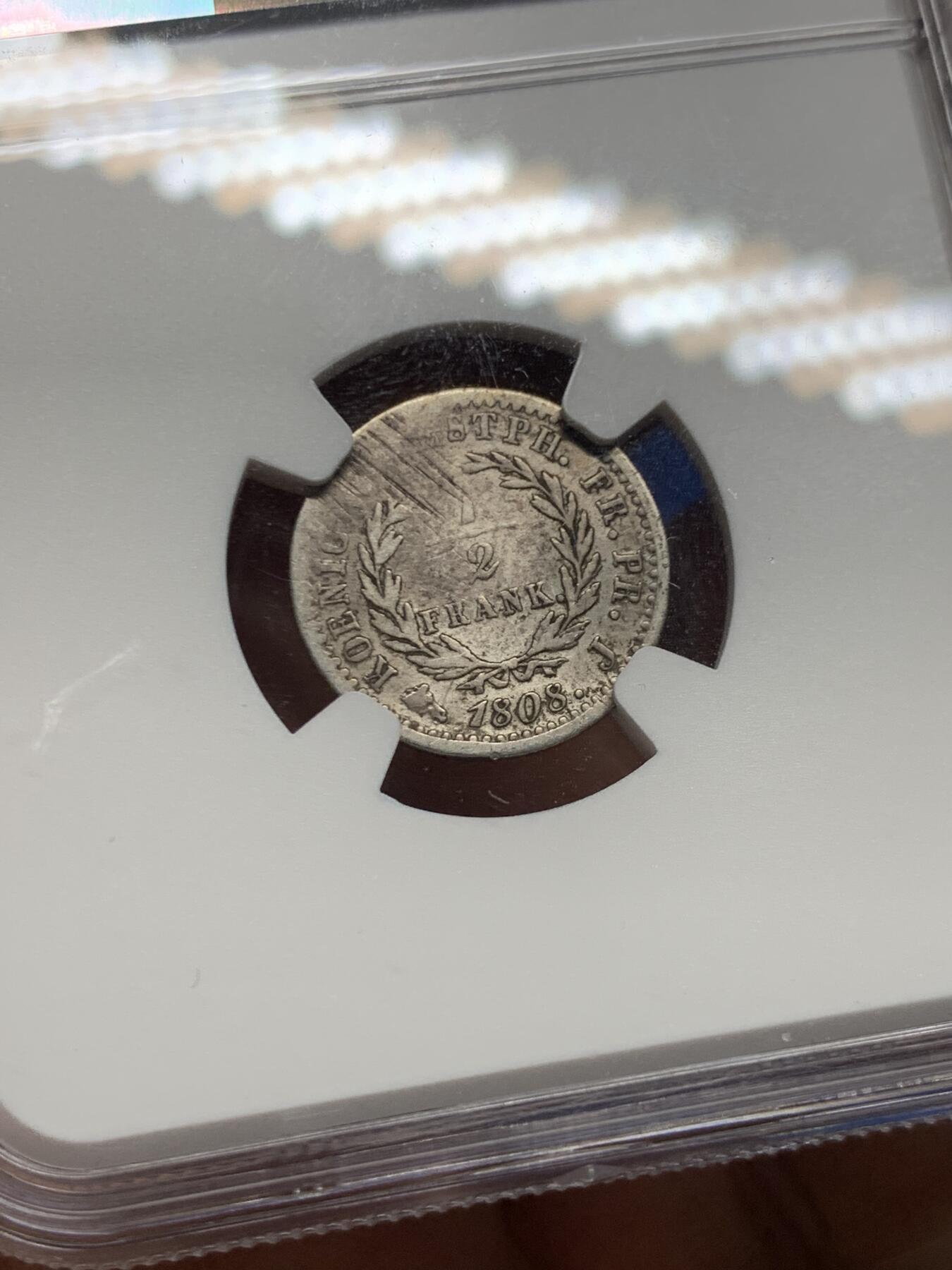 《竞宝斋》第450场 周日，周一，周二  3场连拍 （全场包邮，欢迎送拍） NGC VFD 德国威斯特伐利亚王国 1808年-J版 半法郎 银币 拿破仑于1807年为其幼弟热罗姆建立的王国 仅存在6年 细节不错 传世包浆 少见面值 好品书价极高 稀缺品种