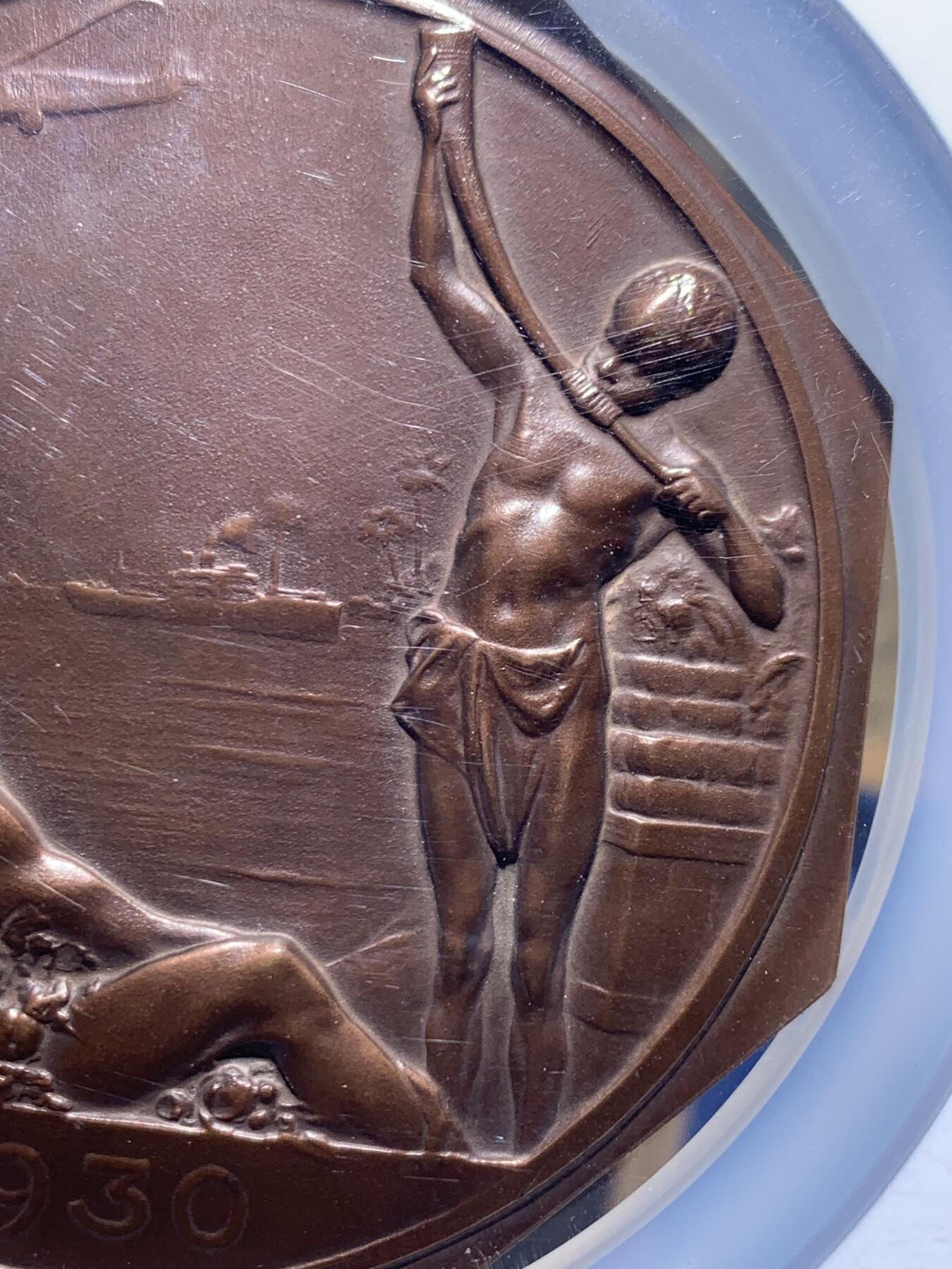 《竞宝斋》第450场 周日，周一，周二  3场连拍 （全场包邮，欢迎送拍） NGC MS65BN 比利时1930年安特卫普国际展览会铜章，85mm超大直径，65超高分，形状优美，适合收藏，加大加厚盒。