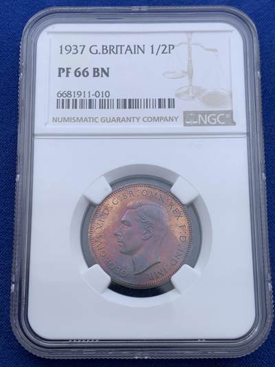 《竞宝斋》第450场 周日，周一，周二  3场连拍 （全场包邮，欢迎送拍） - NGC PF66BN 英国1937年乔治六世精制1/2便士铜币