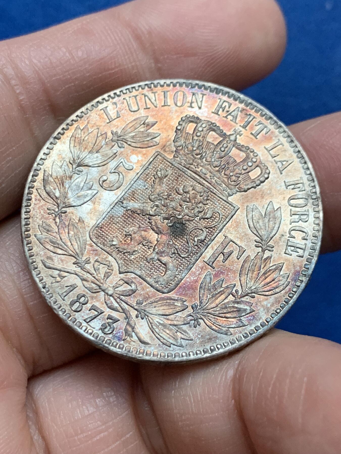 《竞宝斋》第450场 周日，周一，周二  3场连拍 （全场包邮，欢迎送拍） 比利时 1873年 利奥波德二世5法郎银币