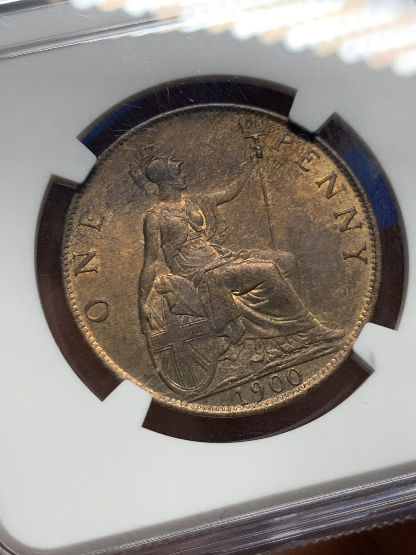 《竞宝斋》第450场 周日，周一，周二  3场连拍 （全场包邮，欢迎送拍） NGC MS63RB 英国1900年维多利亚1便士铜币