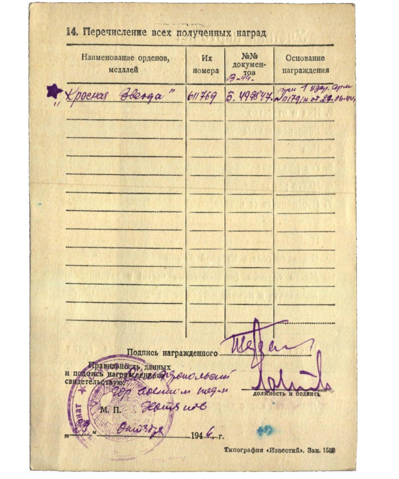 各国勋章奖章拍卖第46期 苏联红星勋章611769号，1944年少尉作战勇敢三次负伤获得