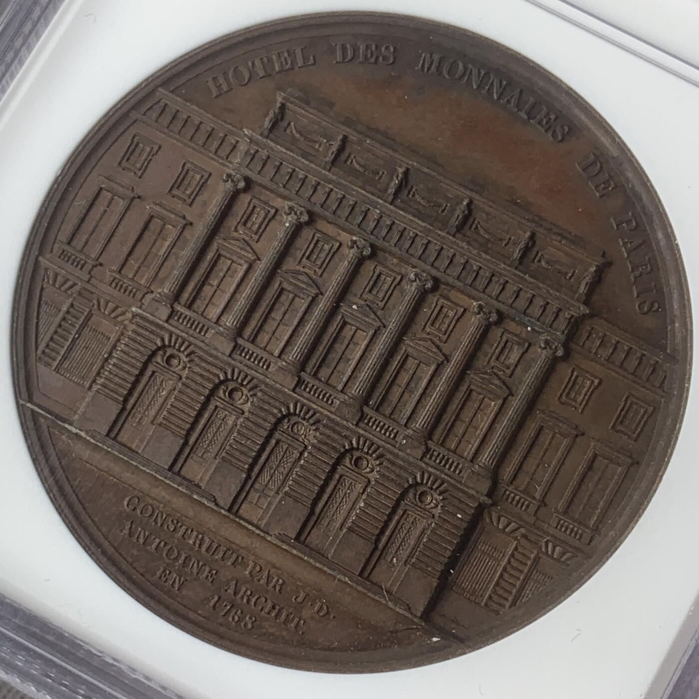 掌中浮雕-藏着的欧洲第047场 NGC MS62 : 1768年法国造币局建筑师Jacques-Denis Antoine纪念铜章，41mm