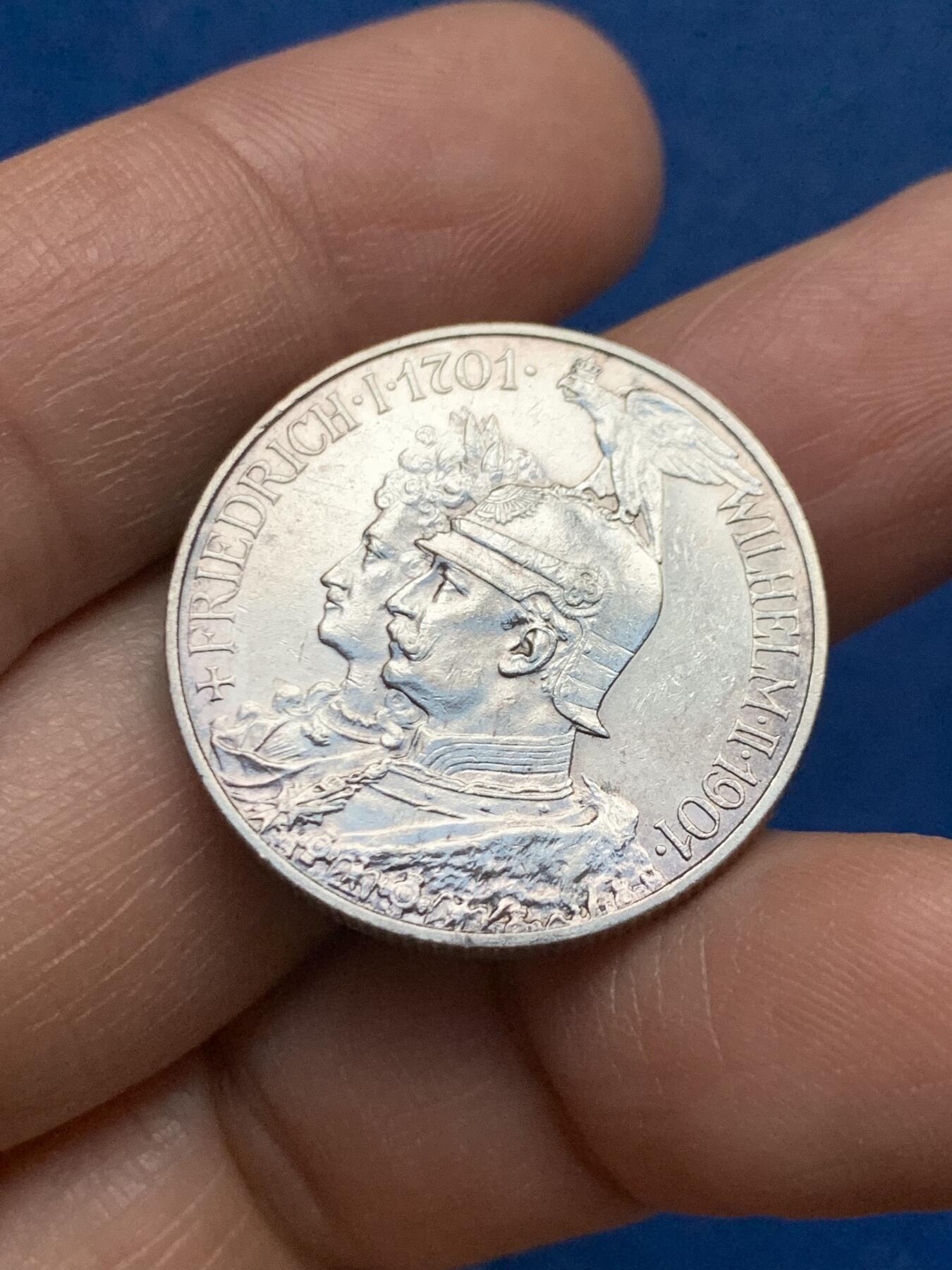 《竞宝斋》第450场 周日，周一，周二  3场连拍 （全场包邮，欢迎送拍） 德国1901年普鲁士王国建国200周年2马克纪念银币