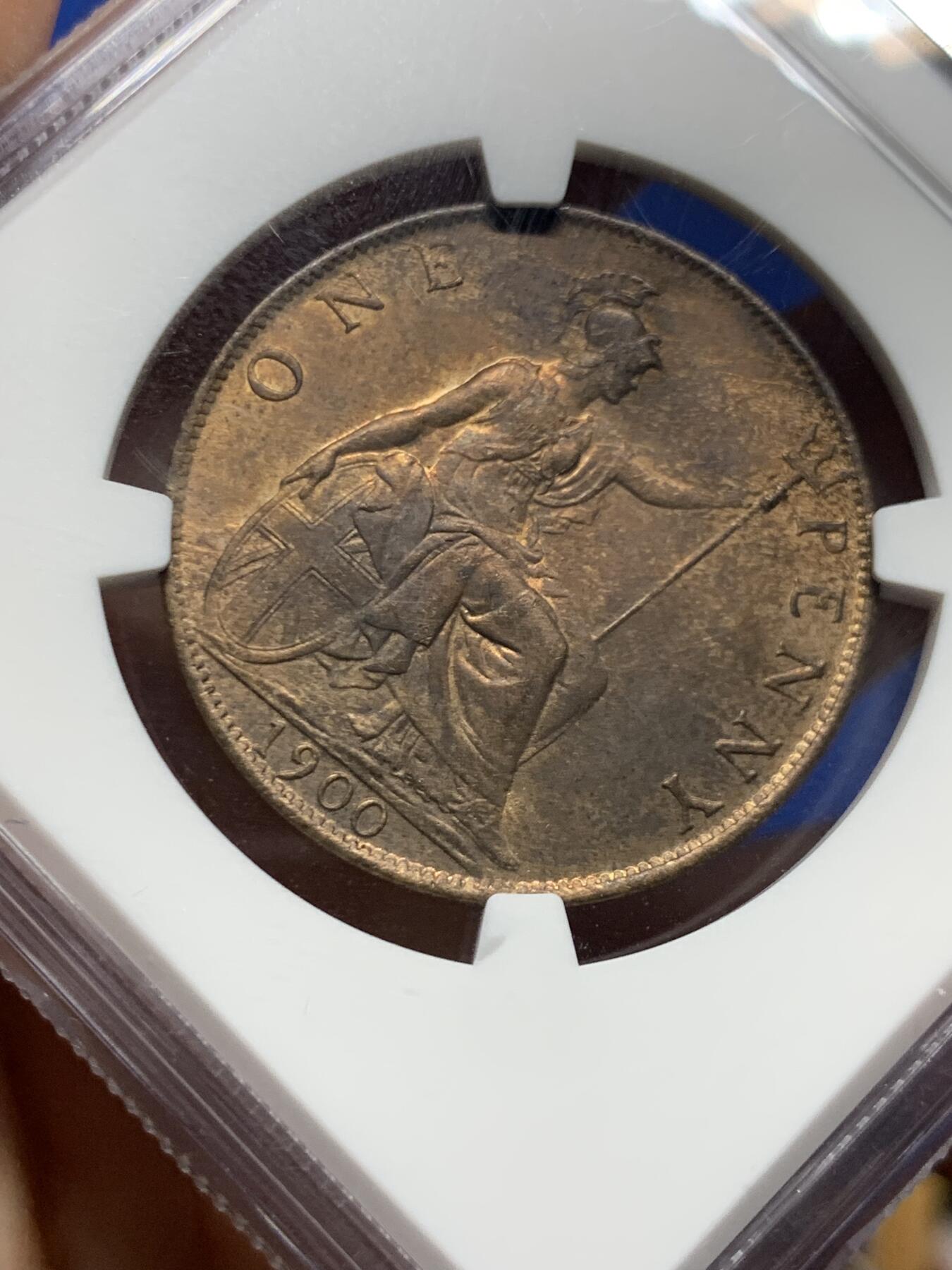 《竞宝斋》第450场 周日，周一，周二  3场连拍 （全场包邮，欢迎送拍） NGC MS63RB 英国1900年维多利亚1便士铜币