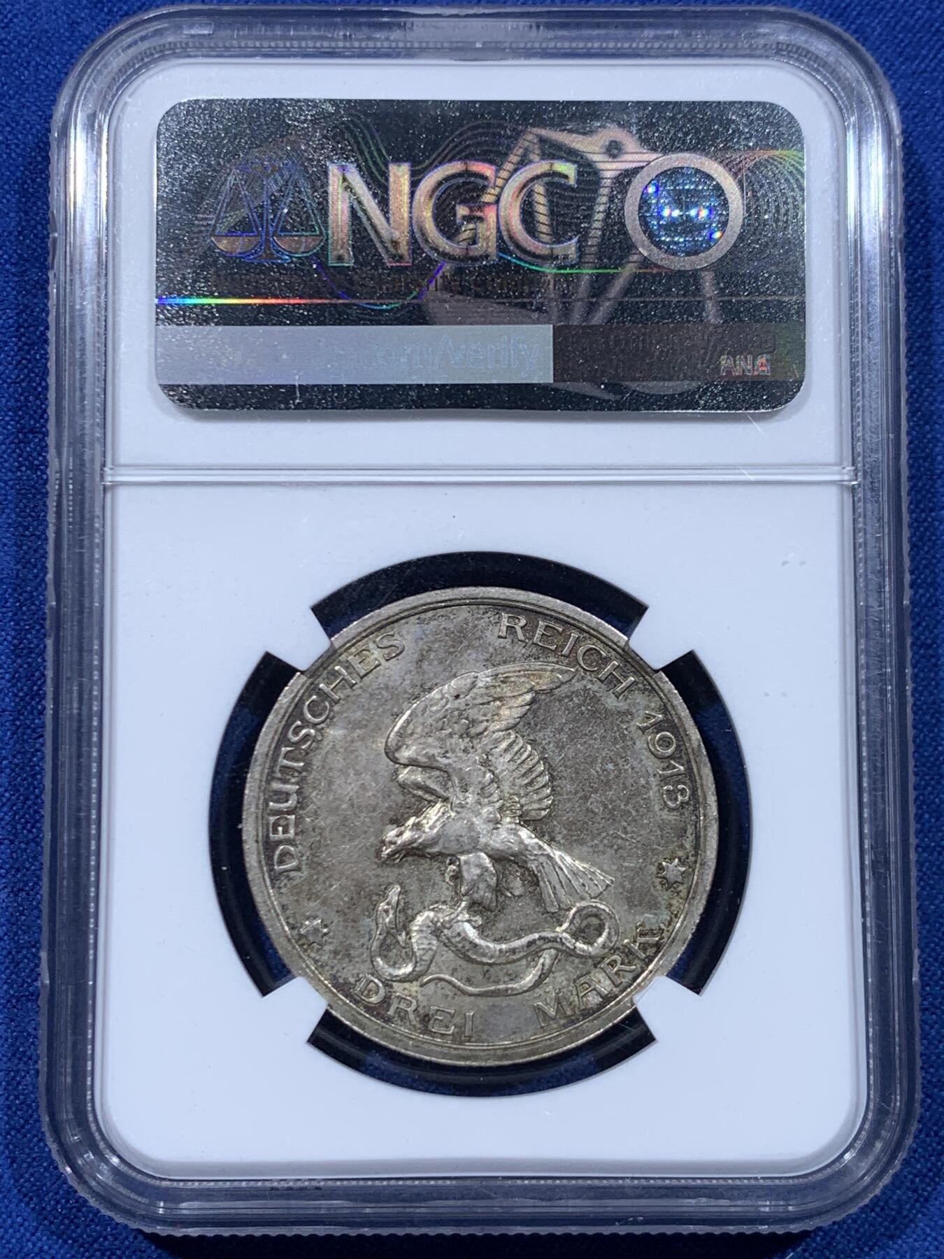 《竞宝斋》第450场 周日，周一，周二  3场连拍 （全场包邮，欢迎送拍） NGC MS63 德国1913A普法战争3马克银币 越来越贵的经典马克品种 值得入手