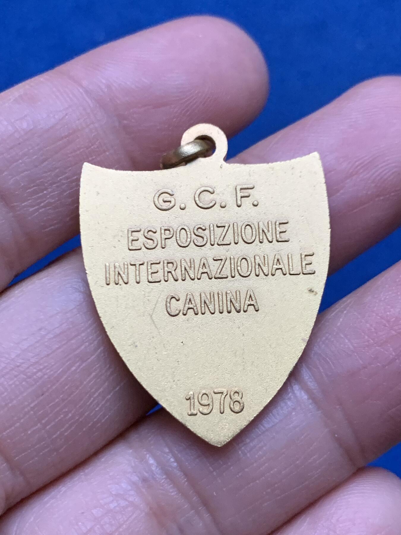 《竞宝斋》第450场 周日，周一，周二  3场连拍 （全场包邮，欢迎送拍） 意大利犬业协会盾型镀金奖章 国际犬展纪念章 11.9克 最高处约34.7mm 景观高浮雕 非常漂亮