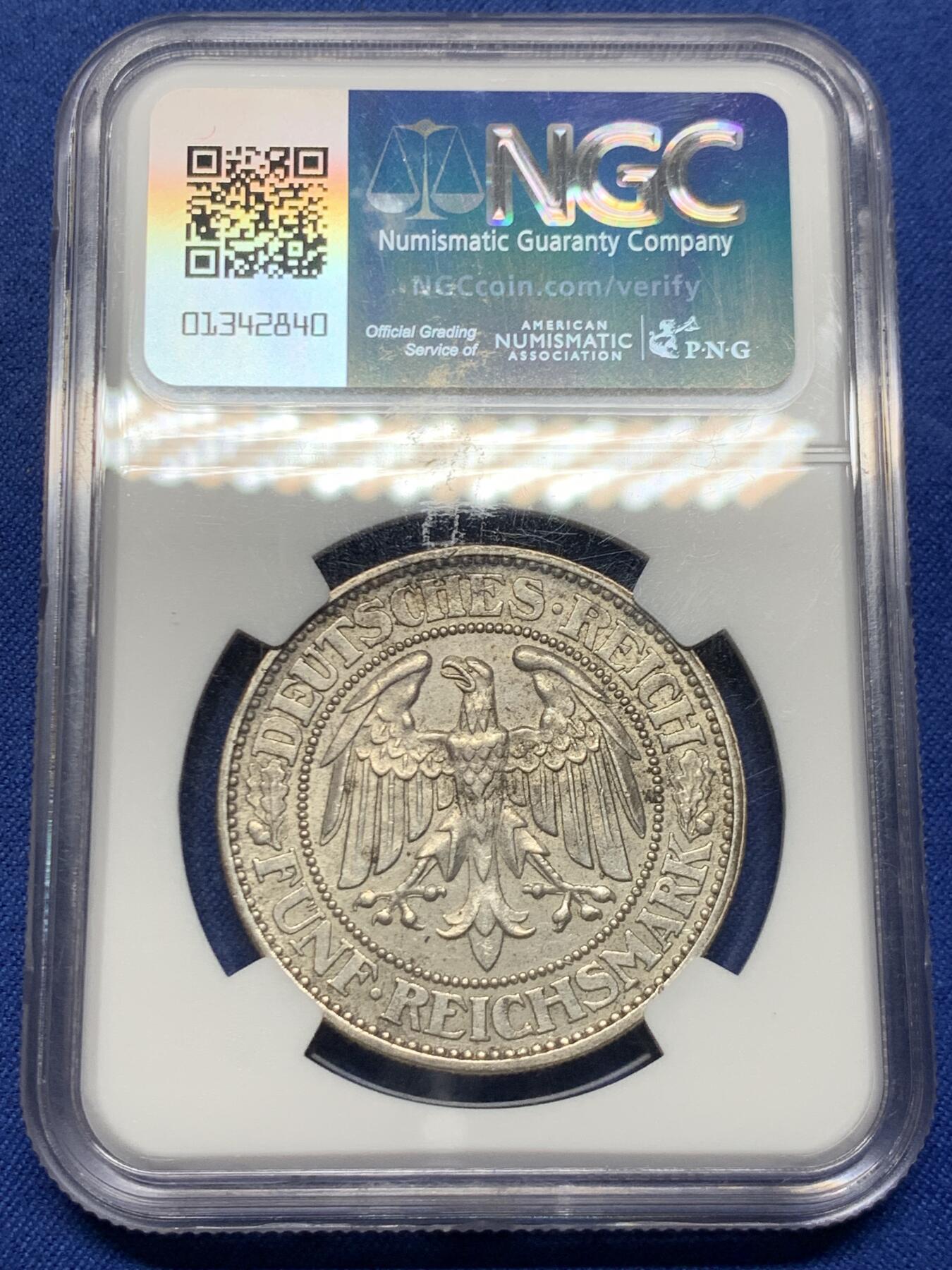 《竞宝斋》第450场 周日，周一，周二  3场连拍 （全场包邮，欢迎送拍） NGC MS62 德国魏玛共和国1928年橡树5马克银币