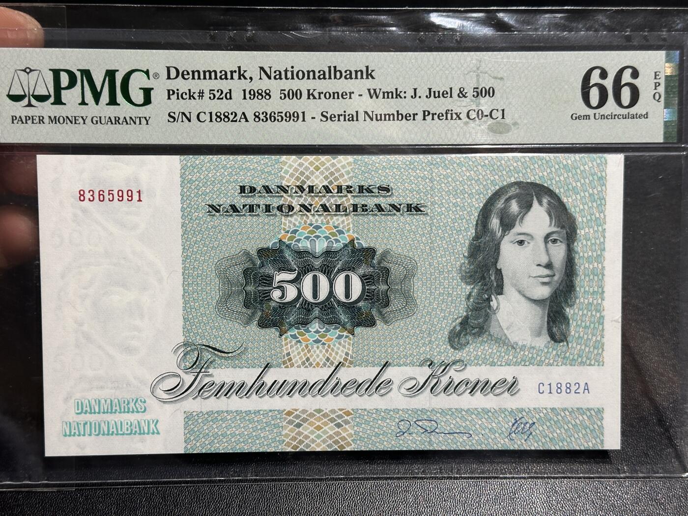 《外钞收藏家》第五百九十六期（精品大拍场）（本平台长期征集拍品、欢迎藏友们联系合作） 丹麦绘画版1988年500克朗PMG66（经典大蜥蜴；全程无47）