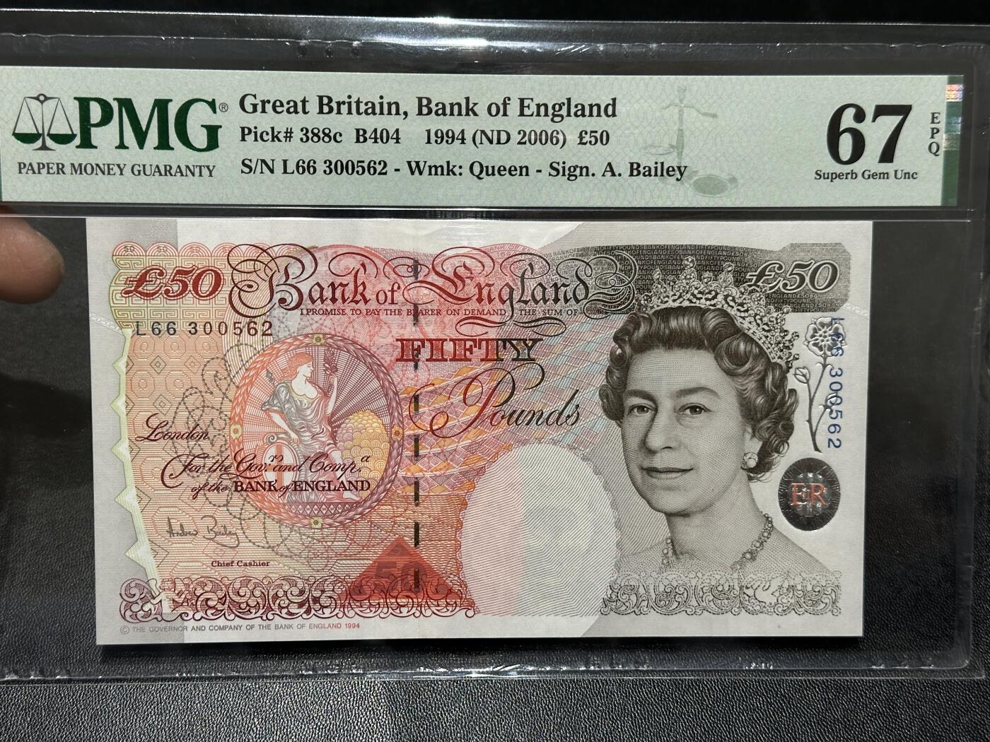 《外钞收藏家》第五百九十六期（精品大拍场）（本平台长期征集拍品、欢迎藏友们联系合作） 1994年英国E序列50镑 PMG67 无47