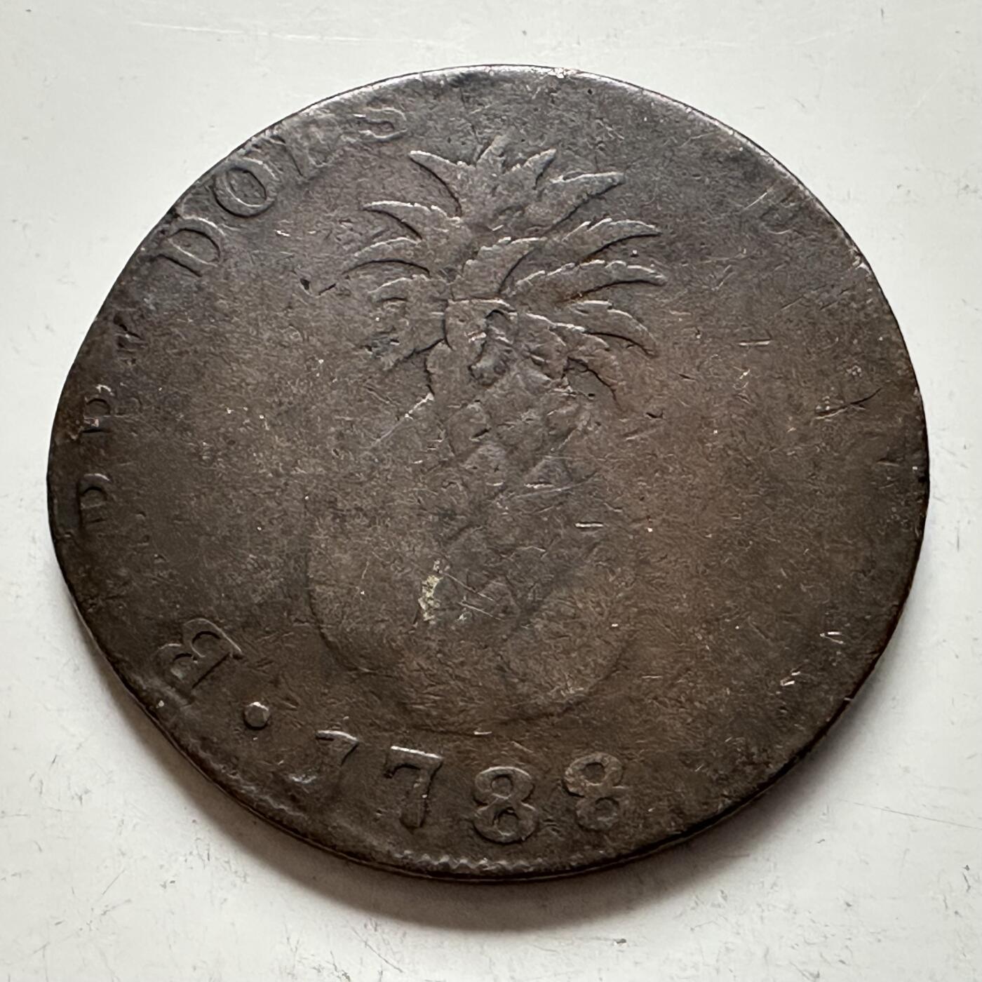 🌹外币初藏🌹🐯2025年第144场  每周二四六晚8️⃣点 接代拍 巴巴多斯1788年菠萝一便士 少见品种有加盖戳记