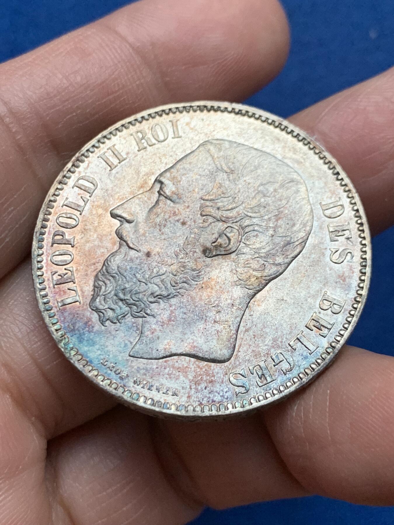 《竞宝斋》第450场 周日，周一，周二  3场连拍 （全场包邮，欢迎送拍） 比利时 1873年 利奥波德二世5法郎银币