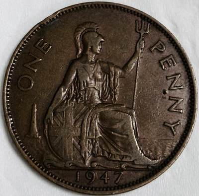 文馨钱币收藏第 286 场，圣诞节专场【 长期接收代拍品低至 0 佣金】 - 好品 1947 年英国乔治六世 1 便士大铜币，第一版本加字版