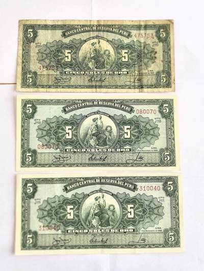各国外币第104期 无佣金 - 秘鲁5索尔1966年 7－9品3张