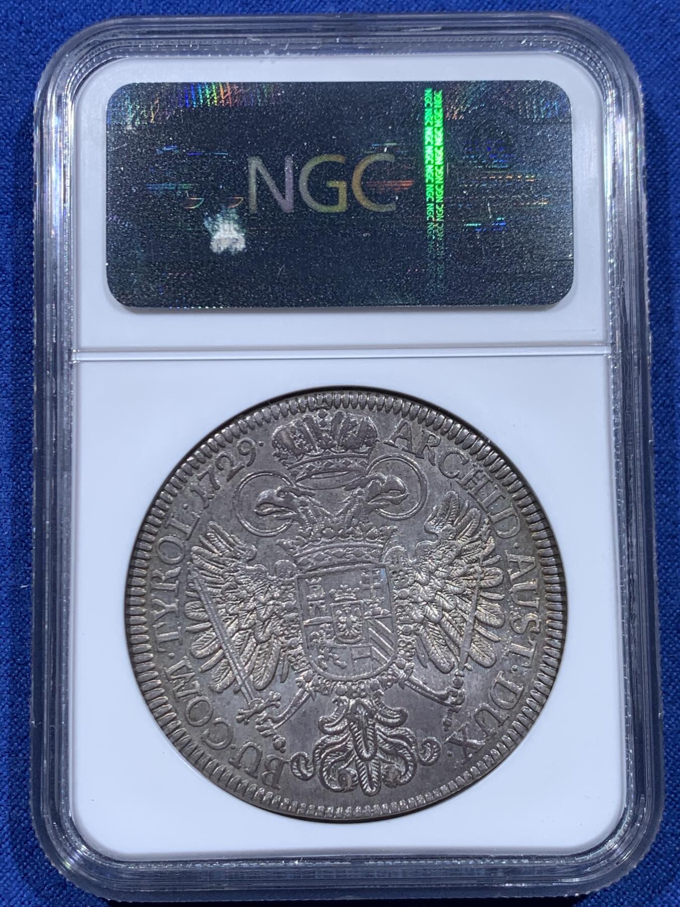 《竞宝斋》第450场 周日，周一，周二  3场连拍 （全场包邮，欢迎送拍） 冠军分 NGC MS63 神圣罗马帝国奥地利1729年 卡尔六世1泰勒大银币 光度细节都很不错