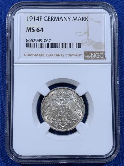《竞宝斋》第450场 周日，周一，周二  3场连拍 （全场包邮，欢迎送拍） - NGC MS64 德国 1914年 1马克 F厂标 银币