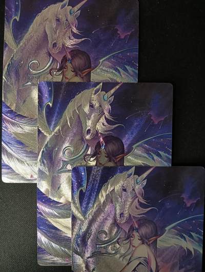 花开卡拍第53期（12月28号周日截拍，品控勿拍!!!拍品不寄存，运费5元，自制卡难免瑕疵，可能存在轻微撞角爆边等出厂瑕疵，品控介意勿拍！） - 星宿文创 幻兽化灵-独角兽 浮雕折光三渐变 3张