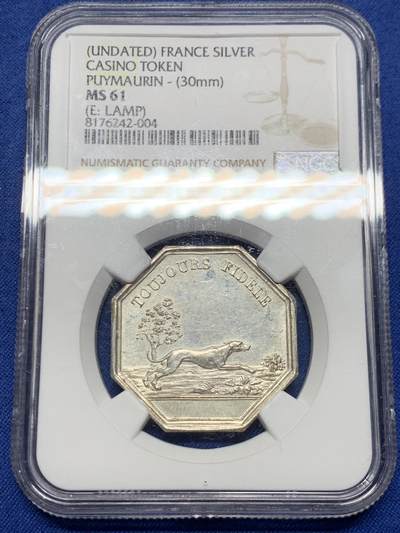 《竞宝斋》第450场 周日，周一，周二  3场连拍 （全场包邮，欢迎送拍） - NGC MS61 双海妖、猎犬银质八角代币。早期油灯，双面铭文，稀少品，出分不易。