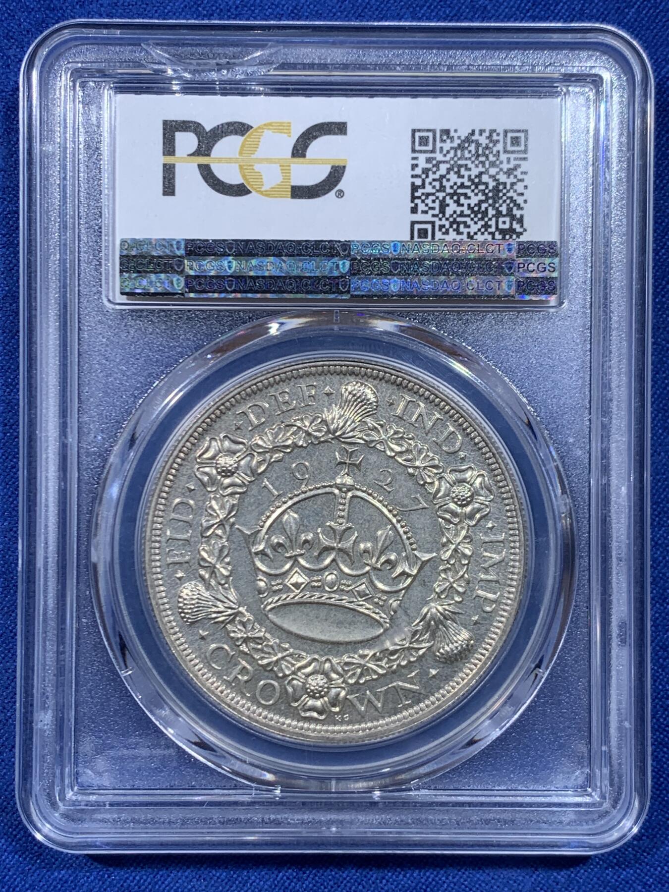 《竞宝斋》第450场 周日，周一，周二  3场连拍 （全场包邮，欢迎送拍） PCGS PR63 英国1927年乔治五世精制花冠1克朗银币 背面支撑有磕