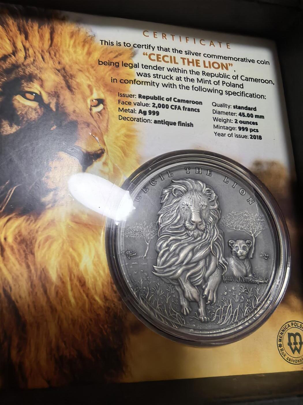 长老汇蛇年精选第八十六场拍卖 2018喀麦隆狮子塞西2000法郎仿古银币，2盎司999银，999枚，盒证全