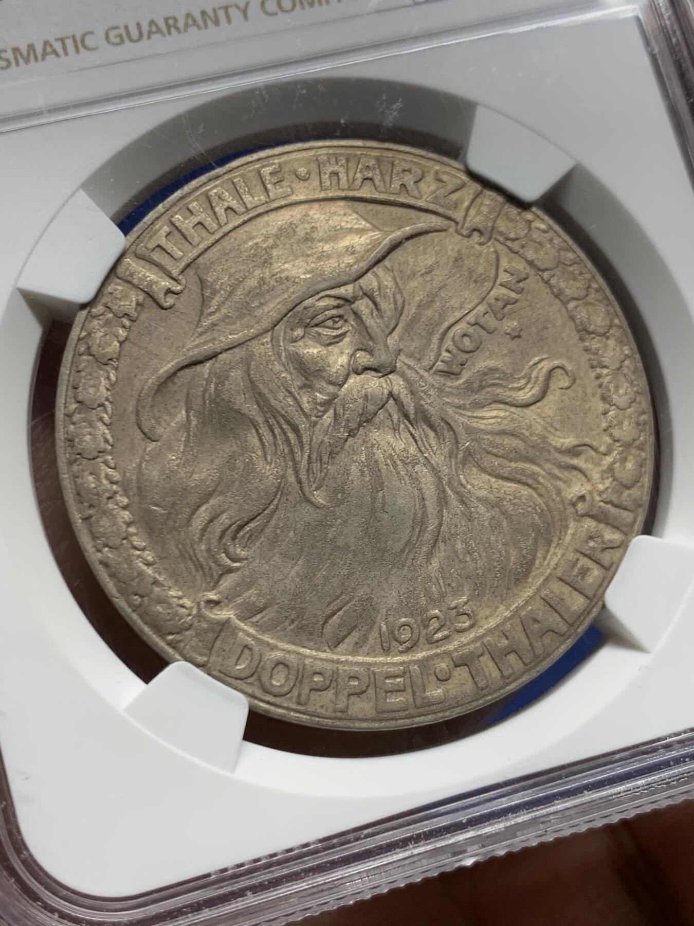 《竞宝斋》第450场 周日，周一，周二  3场连拍 （全场包邮，欢迎送拍） NGC MS61 德紧1923年德国魏玛共和国-萨克森-诺特蒙森6M铜制代用币 RR罕见珍惜帝国紧急时期代币 并且是非常稀少的镀银版本