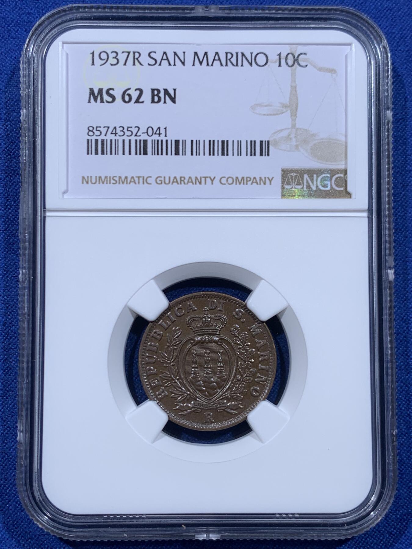 《竞宝斋》第450场 周日，周一，周二  3场连拍 （全场包邮，欢迎送拍） NGC MS62BN 圣马力诺1937年10分