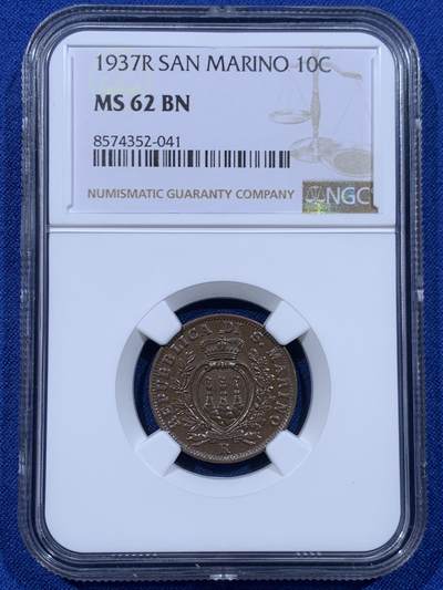 《竞宝斋》第450场 周日，周一，周二  3场连拍 （全场包邮，欢迎送拍） - NGC MS62BN 圣马力诺1937年10分