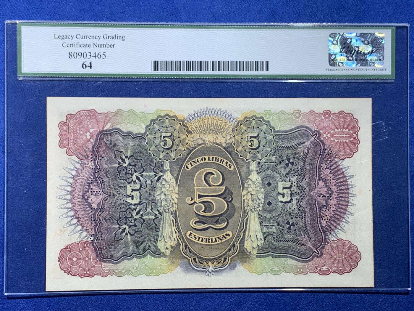 《竞宝斋》第450场 周日，周一，周二  3场连拍 （全场包邮，欢迎送拍） Legacy 64 葡属莫桑比克1934年 5Libras