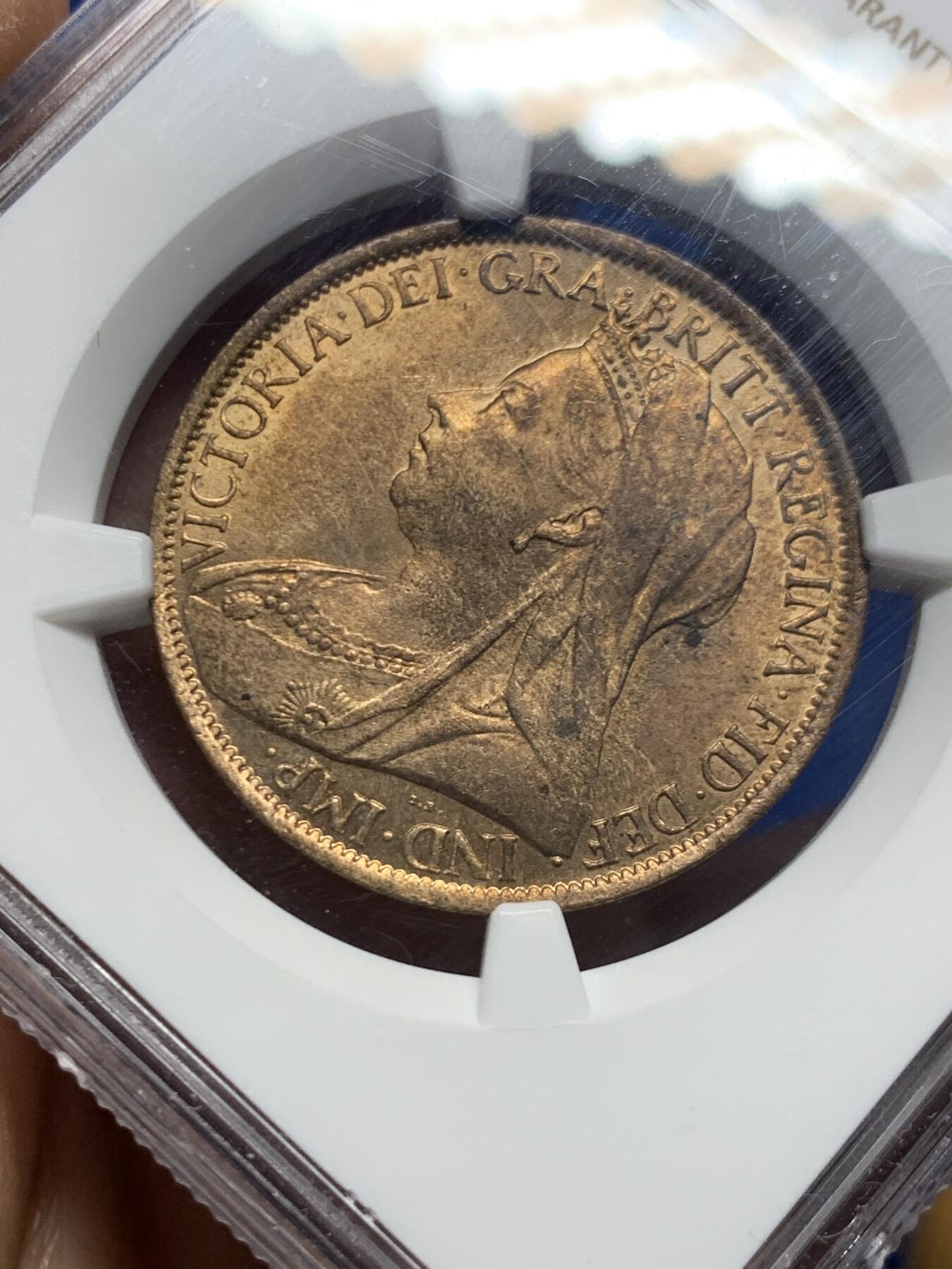 《竞宝斋》第450场 周日，周一，周二  3场连拍 （全场包邮，欢迎送拍） NGC MS63RB 英国1900年维多利亚1便士铜币