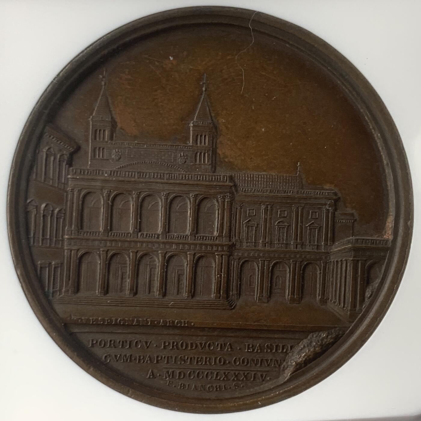 掌中浮雕-藏着的欧洲第047场 NGC MS63 : 1884年拉特朗圣若望大殿门廊扩建铜章，正面为教皇利奥十三世，43mm