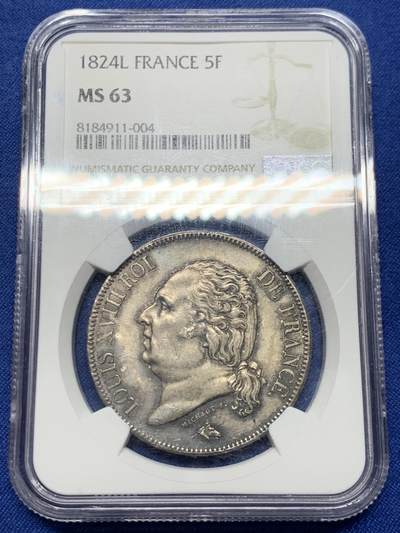《竞宝斋》第450场 周日，周一，周二  3场连拍 （全场包邮，欢迎送拍） - NGC MS63 法国1824年路易十八5法郎银币