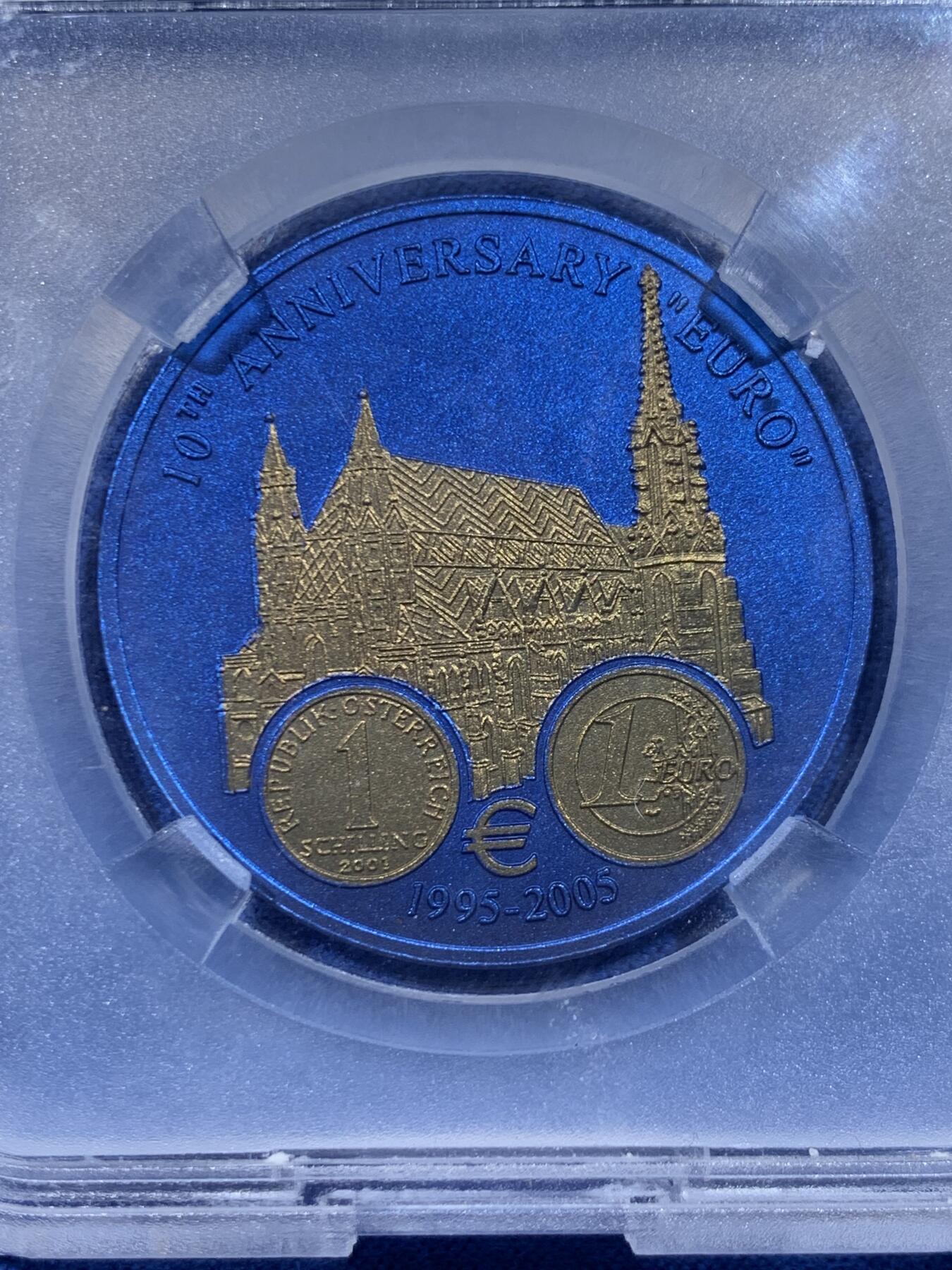 《竞宝斋》第450场 周日，周一，周二  3场连拍 （全场包邮，欢迎送拍） TQG MS70 利比里亚2005年欧元10周年纪念-奥地利5元蓝铌币 7.78克 发行量：1万