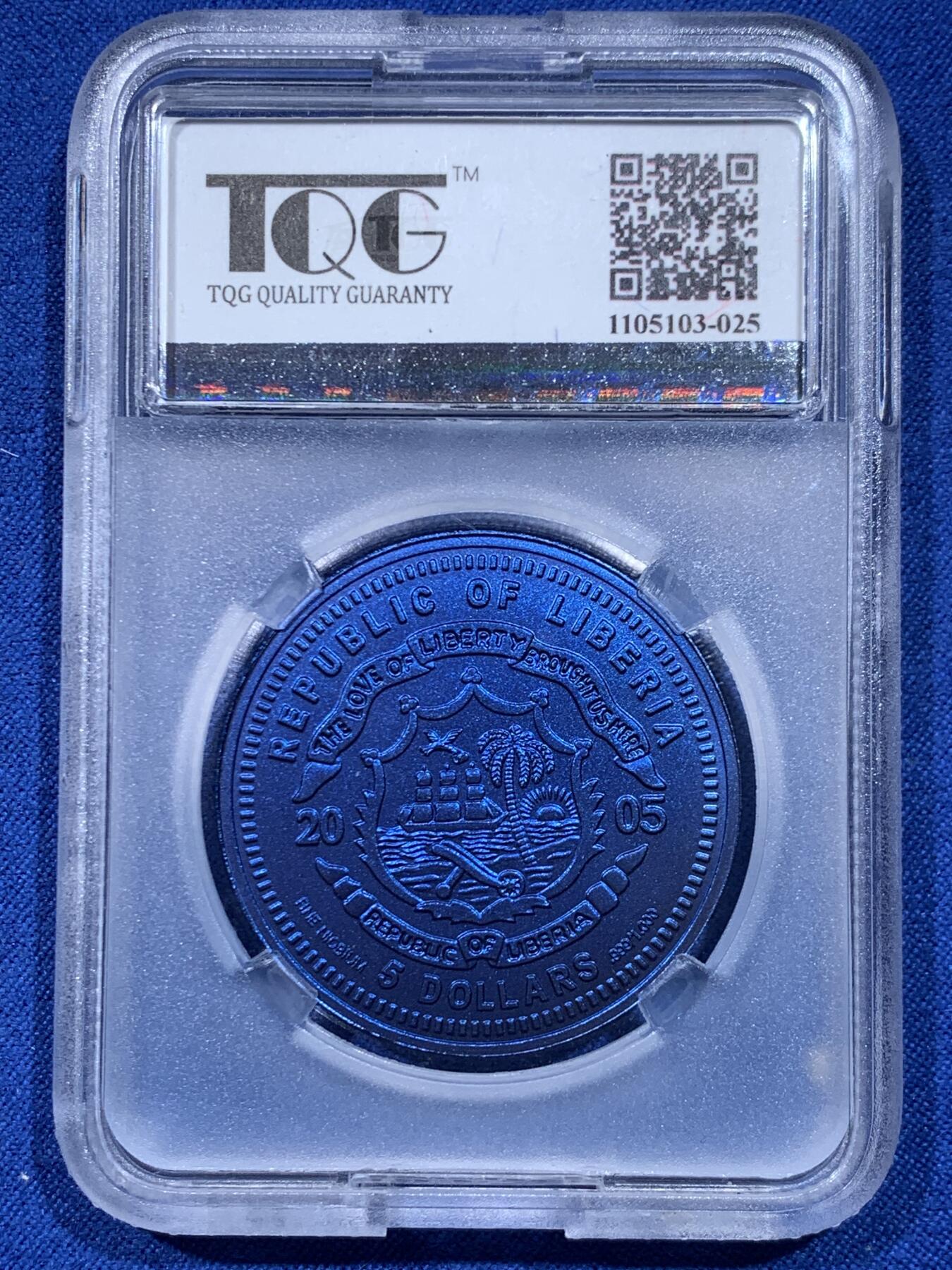 《竞宝斋》第450场 周日，周一，周二  3场连拍 （全场包邮，欢迎送拍） TQG MS70 利比里亚2005年欧元10周年纪念-奥地利5元蓝铌币 7.78克 发行量：1万