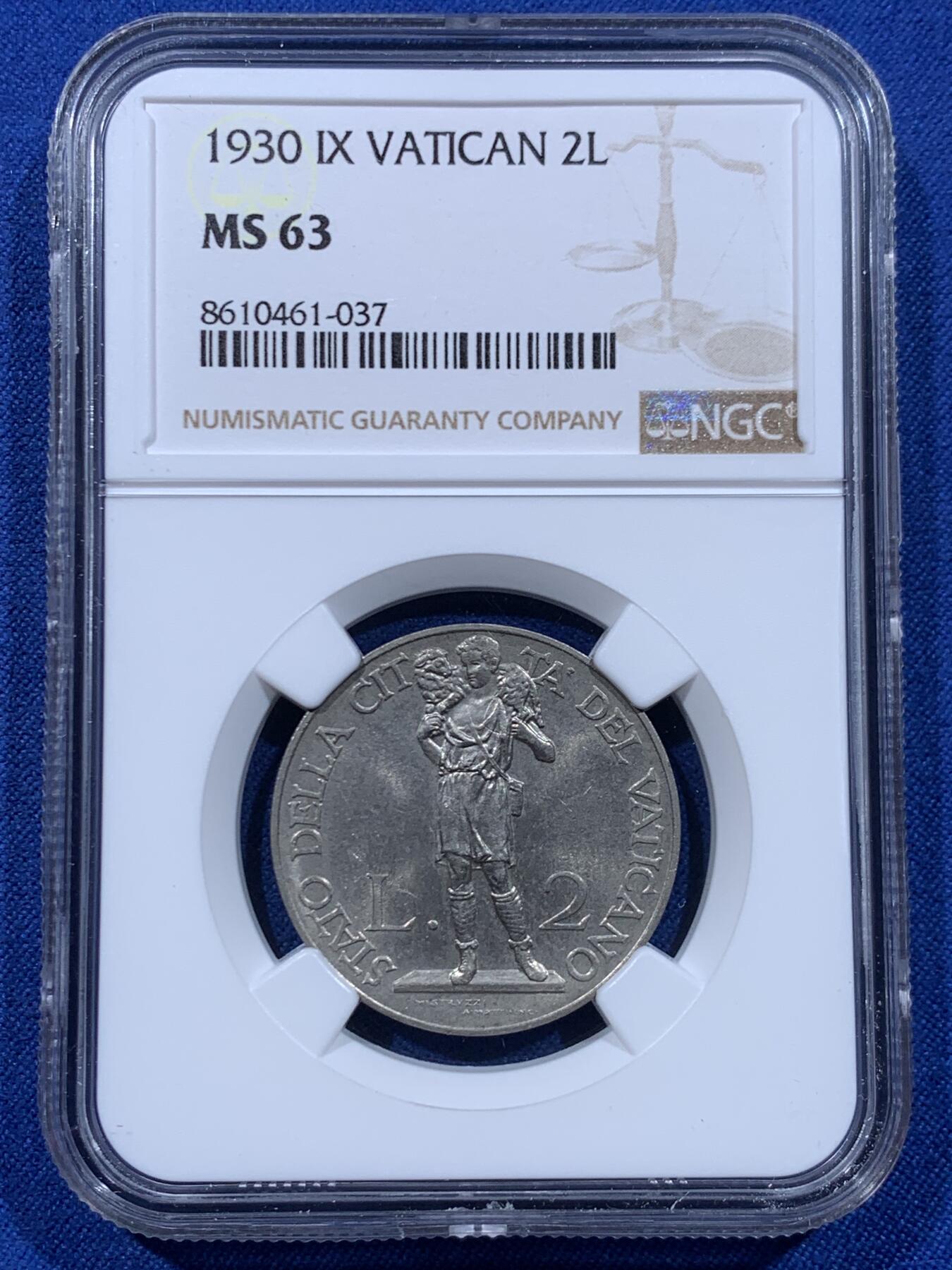 《竞宝斋》第450场 周日，周一，周二  3场连拍 （全场包邮，欢迎送拍） NGC MS63 梵蒂冈1930扛羊二里拉镍币，原光好品相，经典品种