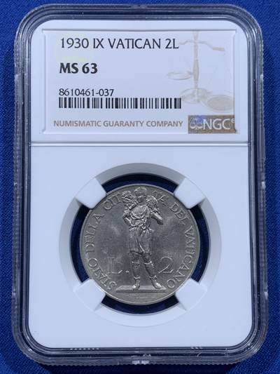 《竞宝斋》第450场 周日，周一，周二  3场连拍 （全场包邮，欢迎送拍） - NGC MS63 梵蒂冈1930扛羊二里拉镍币，原光好品相，经典品种